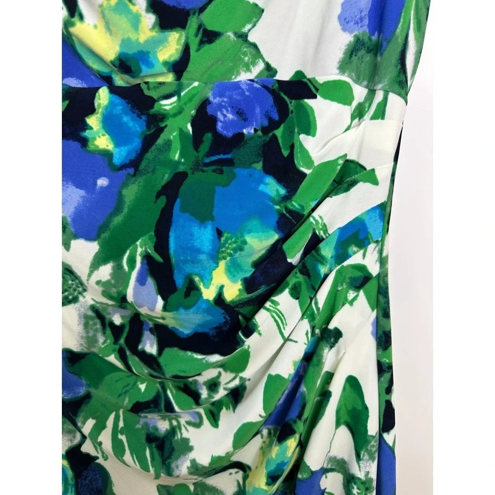 Lauren Ralph Lauren Blue Green Floral Cowl Neck Ruched Sheath Dress Size 12 - Picture 5 of 12
